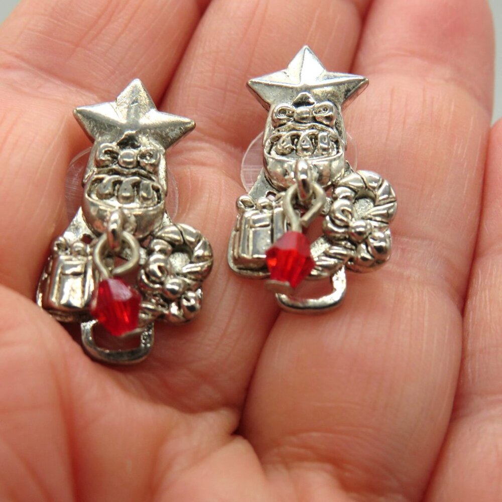 Christmas Earrings Presents‎ Candy Cane Star Silver Tone Pierced Red Dangle Bead